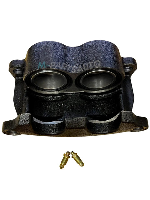 Front view of M-parts Disc Brake Caliper for Dexter 10K/12K; black cast-iron with two bleeder screws