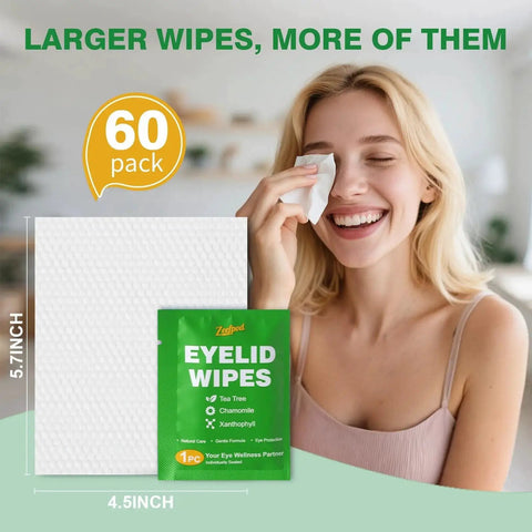 Smiling woman using Tea Tree Oil Eyelid Wipe, pack of 60, individually wrapped for hydrating sensitive eyes.