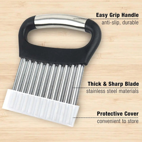 Front view of Crinkle Cutter Knife With Peeler For Veggies And Fruit Wave Blade Stainless Steel Kitchen Cutter With Ergonomic Handle Rustproof Durable Fry Cutter Set Of 3 with protective cover, and ergonomic easy grip handle.