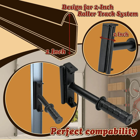 Heavy Duty Garage Door Vertical Track Repair Tool Set For 2 Inch Roller Rail Systems shown with anti-slip handle and compatibility illustration