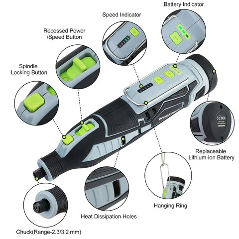 Cordless 12V Rotary Tool Kit With 5 Speed Settings, 114 Easy Change Accessories, highlighting components and controls