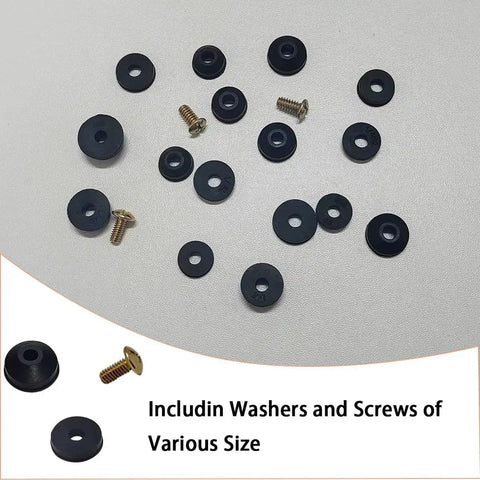Faucet Washers Assortment Kit With Flat And Beveled Rubber Washers, Brass Bibb Screws, And Multi Size Stem Washers displayed on surface