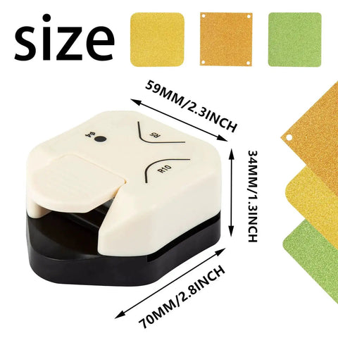 3 In 1 Corner Rounder Punch Set With 4mm Circle Cutter Plus 5mm And 10mm Radii for Scrapbooking, shown with measurement size in inches