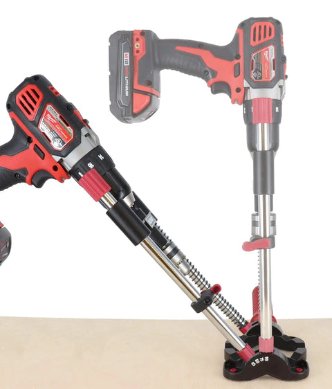 Portable Drilling Guide Attachment For Straight And Angled Holes With Adjustable Angle Readout shown mounted with drill