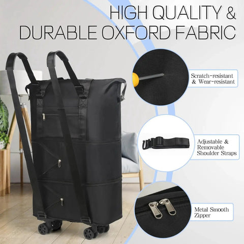 Rolling Duffel Bag With Wheels For Travel Expandable And Foldable Large Capacity Carry On Luggage Bag Black Built From Scratch Resistant Oxford Cloth