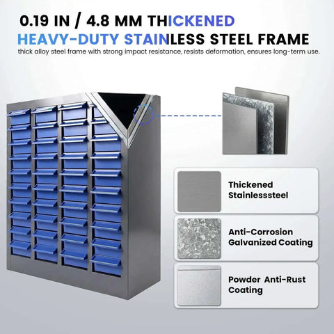 40-Drawer Bolt Bin Organizer Cabinet With ABS Drawers, heavy-duty metal cabinet showing blue drawers and thick steel frame details