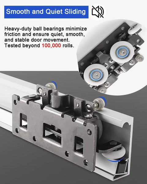Close-up of Ghost Mirror Sliding Door Hardware Kit for Concealed Systems With Dual Way Soft Close and Quiet Operation.