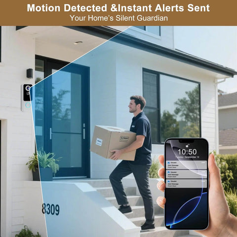 2K FHD Wireless Doorbell Camera With 180 Degree Head To Toe View No Sub Fees Battery Powered on house near delivery person