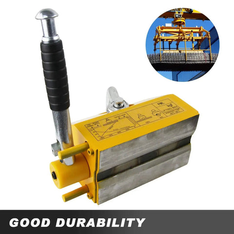 Front view of a yellow 1320-lb magnetic lifter with black rubber-grip handle and release lever for lifting steel plates.