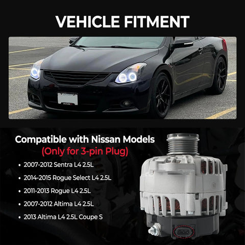 Image of a 2.5L Alternator Replacement For Nissan Altima 2007 To 2012, Sentra 2007 To 2012, Rogue 2011 To 2013 with a car background.