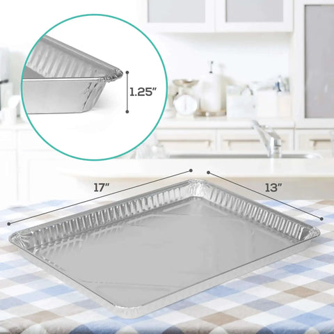 Disposable Aluminum Pans 5 Pack 13 By 17 Baking Sheets Heavy Duty Cookie Sheets For Easy No Mess Cleanup displayed in kitchen setting