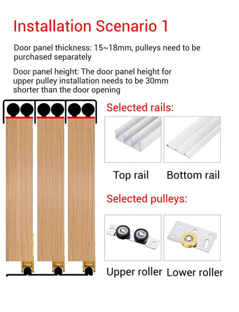 Installation scenario showing Built Tough Heavy Duty Triple Track Sliding Door Hardware Kit With Aluminum Rails and components.