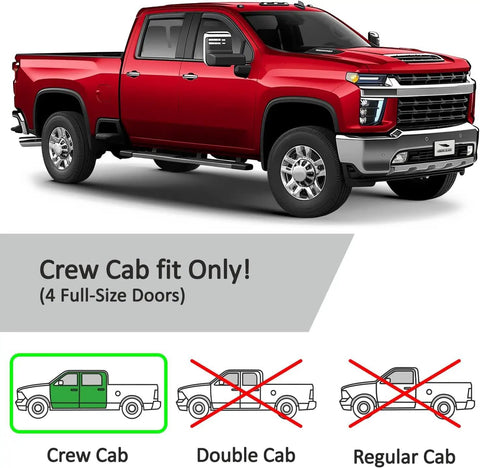 In Channel Rain Guards For Silverado 2500HD 3500HD Crew Cab 2020 Through 2026 displayed on red truck showing Crew Cab fit.