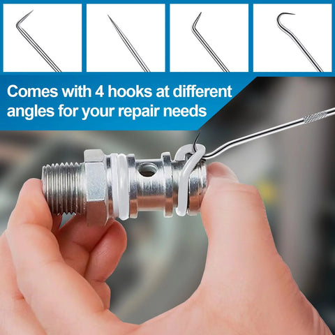 O-ring kit for faucets; includes 4 hooks and picks; clear VMQ silicone seals on a metal valve assembly.