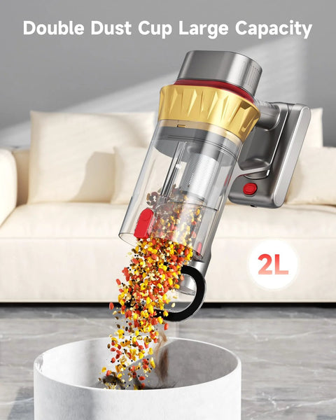 AIPOWAY 650W cordless vacuum with clear dust cup, gold top, and 2L capacity label, debris pouring into a white bin.