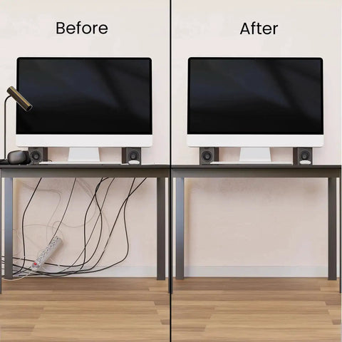 Before and after using the Under Desk Cable Management Kit With 12 J Channel Raceway Segments 192 Inch Total Length Black Cord Organizer Tray Cable Hider To Tidy Wires For Home Office And Gaming Setup, showing a tidy desk area.