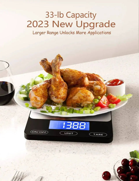 Ultra Precise 33Lb Digital Kitchen Scale With Ounces And Grams displaying 13.8oz plate of chicken, USB-C, black, meal prep accuracy.