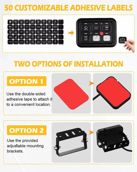 Illustration of Beefy Six Gang Switch Panel installation options with 50 adhesive labels for DC12V systems.