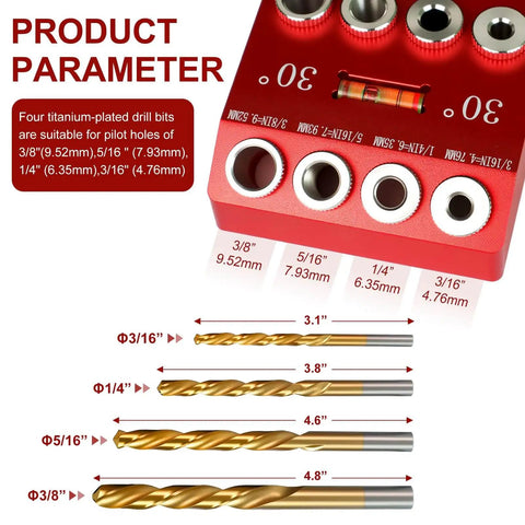 Four titanium drill bits with Multi Angle Drill Guide Jig With 30 45 90 Degree Options, Bubble Level For Precise Straight And Angled Holes