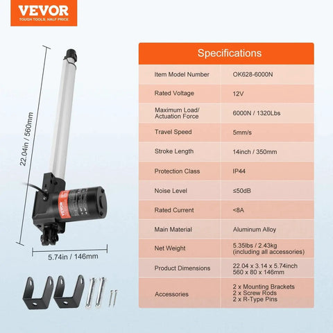 VEVOR 12V linear actuator with 14in stroke and mounting brackets; aluminum alloy body