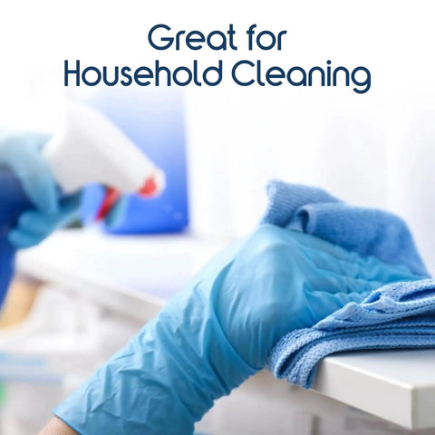 Person wearing nitrile vinyl blend exam gloves while cleaning with a cloth, ideal for household cleaning tasks