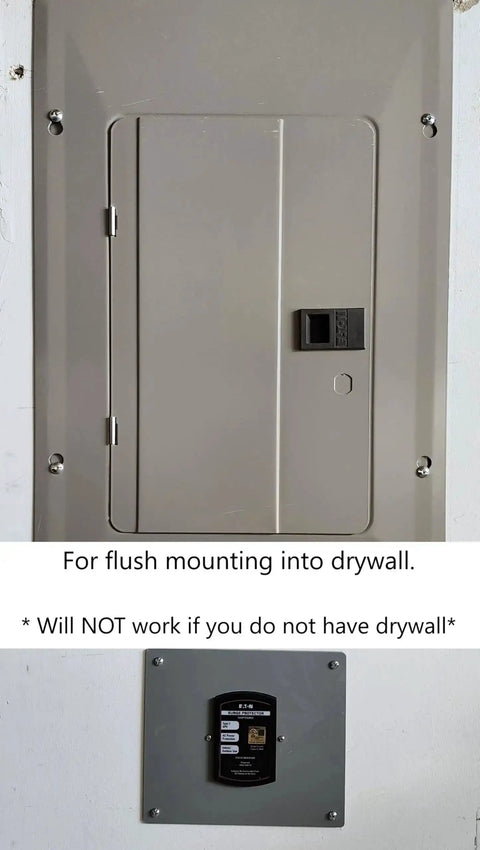 Flush Mount Plate Kit For Whole Home Surge Protector Acrylic Gray Easy Install For CHSPT2ULTRA And CHSPT2SURGE installed on drywall.