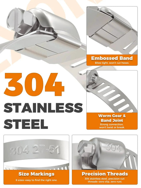 Close-up of 200 Piece Hose Clamp Kit Assortment In Heavy Duty 304 Stainless Steel Worm Gear Clamps with size markings.