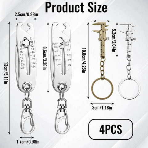 Portable Thread Size Checker Keychain With Dual Vernier Calipers For Quick Bolt Measuring Of Screws And Nuts On The Go Everyday Carry Bolt Size Finder Compact Nut And Bolt Gauge For Thread Identification With SAE And Metric Dual Scale. Front and side views displaying measurements.