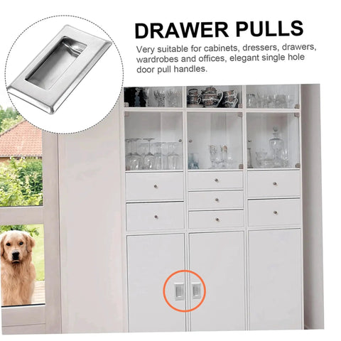 Hidden Recessed Pull Handle Set on white cupboard with glass doors, showcasing a space-saving stainless steel design for drawers and cabinets.