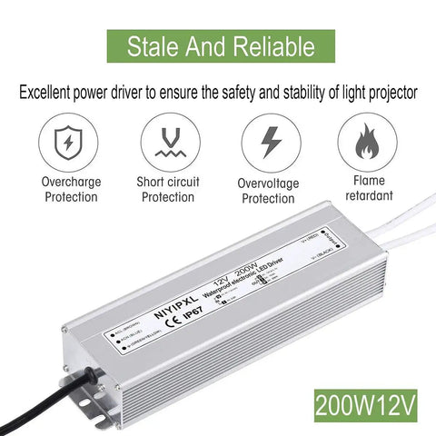 Heavy Duty 200W IP67 Waterproof LED Power Supply 90V To 130V AC To 12V DC Transformer with 3 prong plug outdoor use