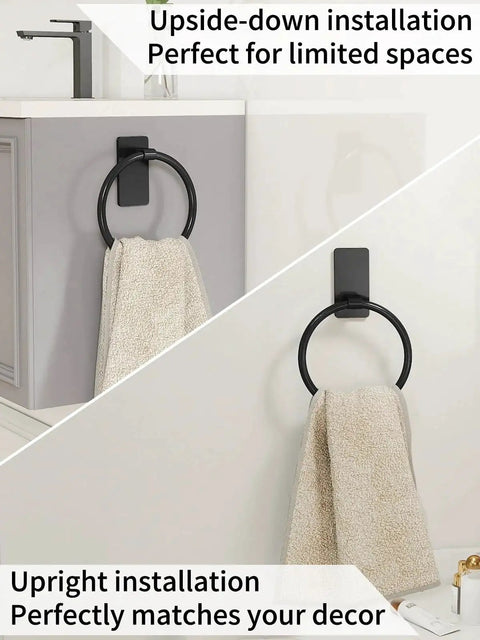 Adhesive Towel Ring For Bathroom No Drilling Install Easy Mount Hand Towel Holder with upside-down and upright views