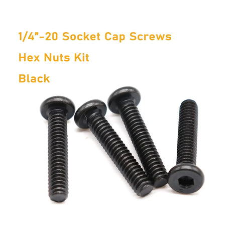 Grab This Handy Black 1/4-20 Hex Socket Cap Screw And Nut Kit For Furniture Repairs, Includes 50 Screws, 30 Nuts, Allen Key, Great For Beds Tables Chairs Cribs, With 3/8, 5/8, 1, 1-1/4, 2 Inch Lengths. Close-up of black socket screws.