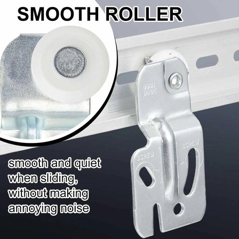 Sliding Closet Door Roller Hardware Kit 10 Pcs Replacement for Top Hung Bypass Wardrobe Doors Seven Eighths Inch Diameter Rollers with About One Half Inch Offset Precise Fit Durable Metal Components for Smooth Operation displayed installed on track.