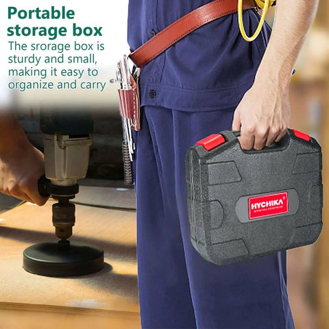 Man holding Ultimate 19 Piece Hole Saw Kit with 13 Blades ranging from 19mm to 152mm, showing portable storage case.