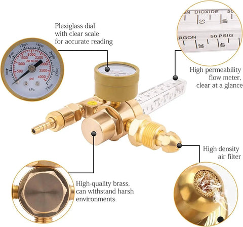 Argon And CO2 Gas Regulator For MIG Welder With 6.6 Foot Hose, 0 To 4000 Psi Output, brass body, flow meter, and CGA 580 inlet.