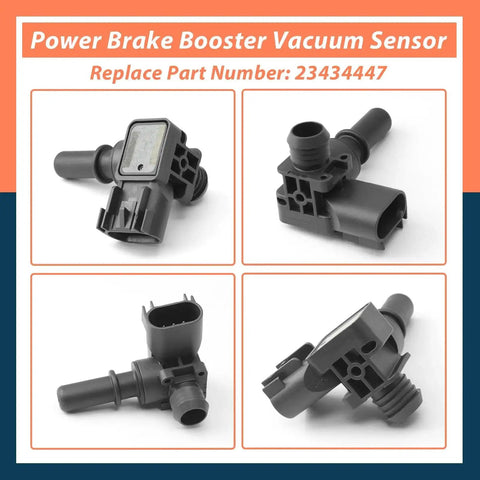 Four angles of a black plastic power brake booster vacuum sensor with electrical connector and vacuum hose port.