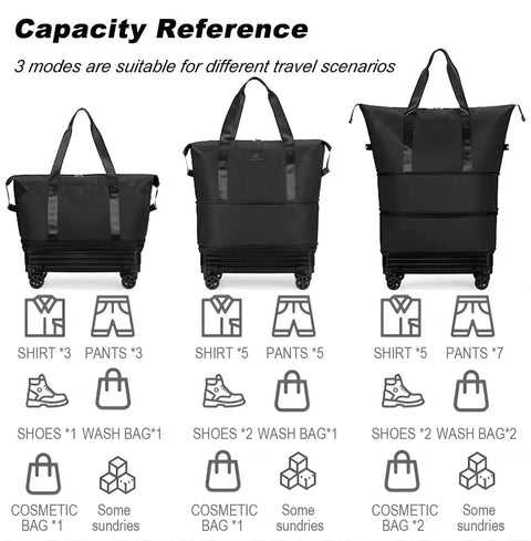 Durable Duffle Bag With Wheels For Travel Foldable And Expandable Large Luggage Carry On Size, showing 3 expansion modes with capacity reference.