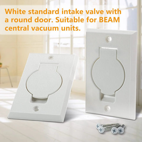 White central vacuum inlet wall plates with round doors, 2-pack, includes mounting screws.