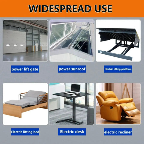 Image showcasing widespread use of Beefy 12V Linear Actuator With 4 Inch Stroke, including lift gates, sunroofs, beds, desks, and recliners.