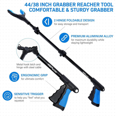 Extra Long Grabber Reacher Tool Set 38 Inch And 44 Inch Extendable Reachers For Seniors And Disabled with ergonomic grip and foldable design