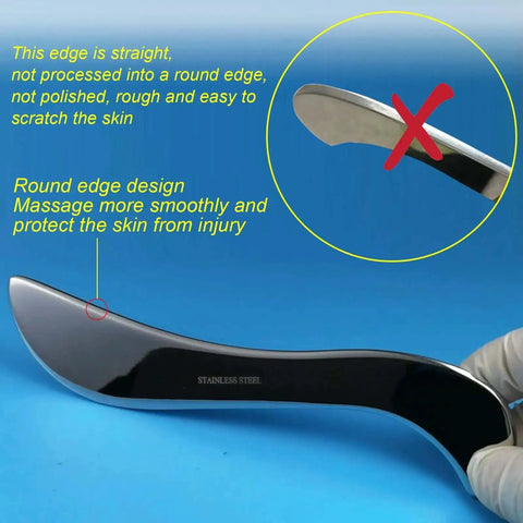 Stainless Steel Gua Sha Muscle Scraper Tool with polished and unpolished edge for deep tissue release and fascia work.
