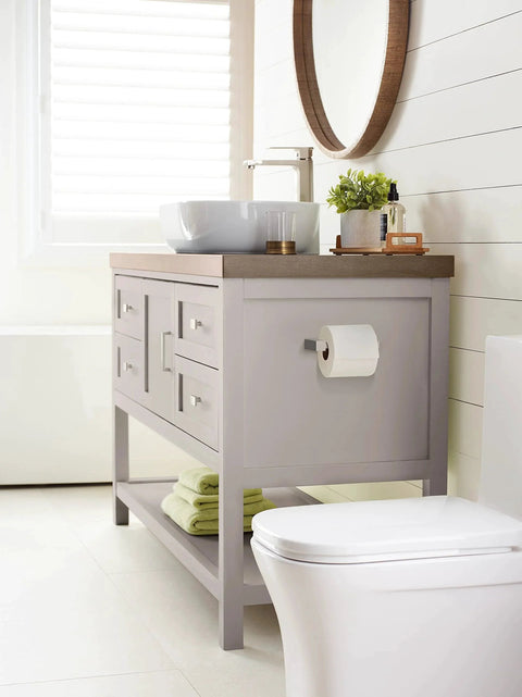 Modern bathroom with light gray vanity featuring Monument Satin Nickel Cabinet Pull Modern Drawer Handle For Cabinets Or Furniture 128 Mm Center To Center 1 Pack Soft Brushed Finish With Warm Hue Complements Contemporary Kitchens And Bathrooms Ideal For Kitchen Cabinets Bathroom Vanities And Furniture.