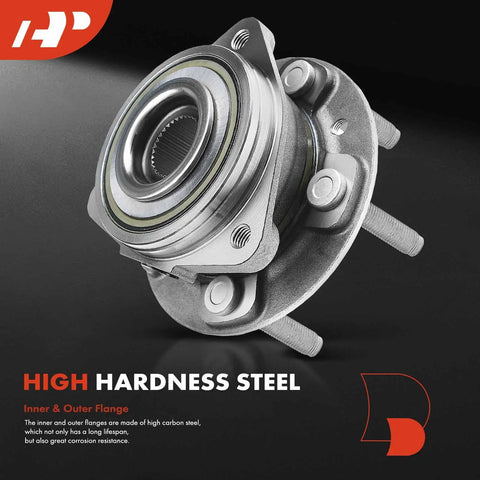 Front Wheel Bearing And Hub Assembly For Five Lug Jeep Wrangler 2018 Through 2024 And Gladiator 2020 Through 2024 Fits Like A Glove Direct Fit Replacement With Premium Sealed Bearings Durable Cast Steel Housing And Easy Install front view on black background showcasing high hardness steel and inner flange design
