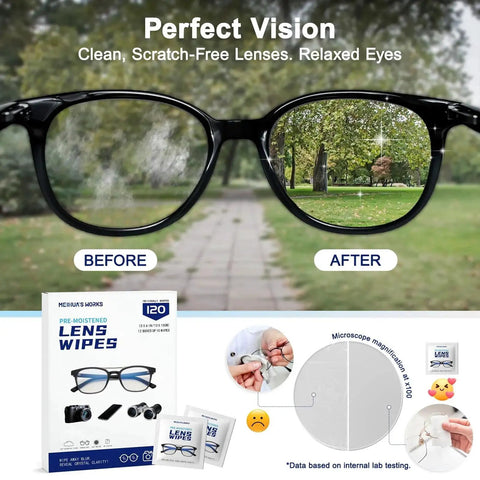 Pre Moistened Lens Cleaning Wipes Ammonia Free Scratch Free 120 Count in use for clear, scratch-free vision on glasses.