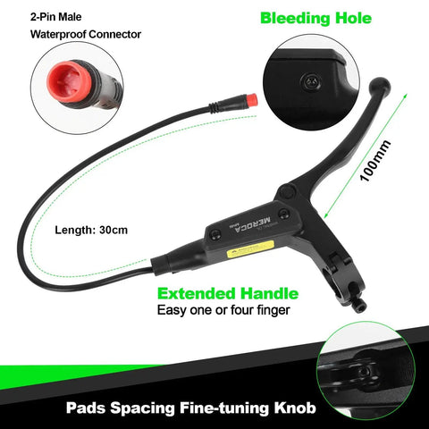 Side view of JFOYH e-bike hydraulic brake lever with 30cm hose and 100mm reach, 2-pin waterproof connector.