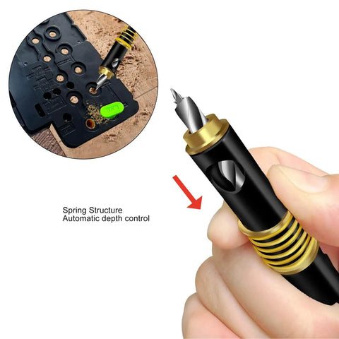 One Quarter Inch Shelf Pin Jig For Cabinets And Shelves Adjustable 5mm 0.2 Inch Hole Drill Guide with close-up of bit and bushing