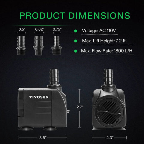 VIVOSUN submersible pump, black, side view; 3 nozzle adapters, 1800 L/H, 7.2 ft lift, AC 110V.