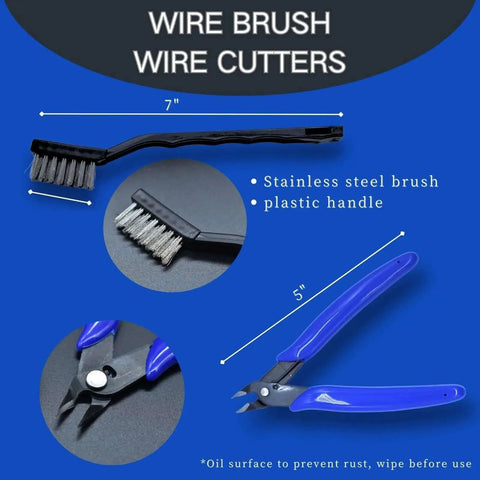 Wire brush and wire cutters from All In One 24 Piece 3D Printer Tool Kit For Cleaning Nozzles And Removing Jams With Wire Brush Flush Cutter Scraper Knife Diamond Files Tweezers And Putty Knife A Must Have For Model Building And Maintenance, with dimensions labeled.