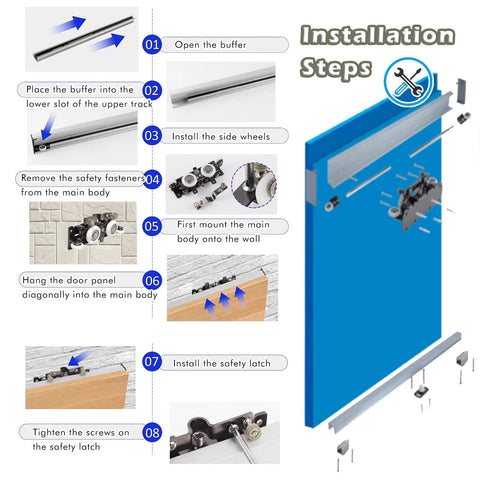 Installation steps for Concealed Barn Door Hardware Kit With Trackless Sliding System And Hidden Tracks Soft Close Mechanism