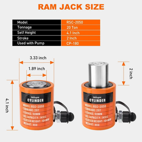 20 Ton Hydraulic Porta Power Kit With Manual Pump 2 Inch Stroke Orange, dual ram jack, model RSC-2050 specifications.